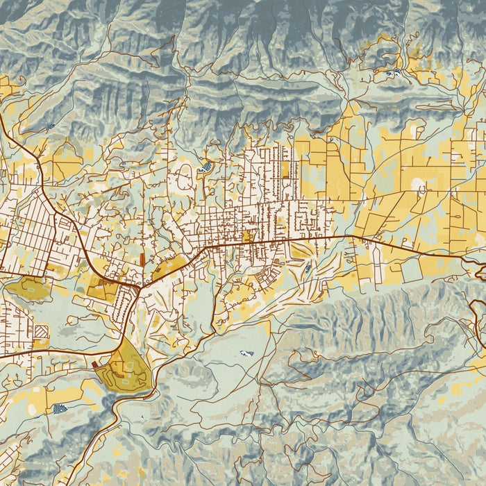 Ojai California Map Print in Woodblock Style Zoomed In Close Up Showing Details