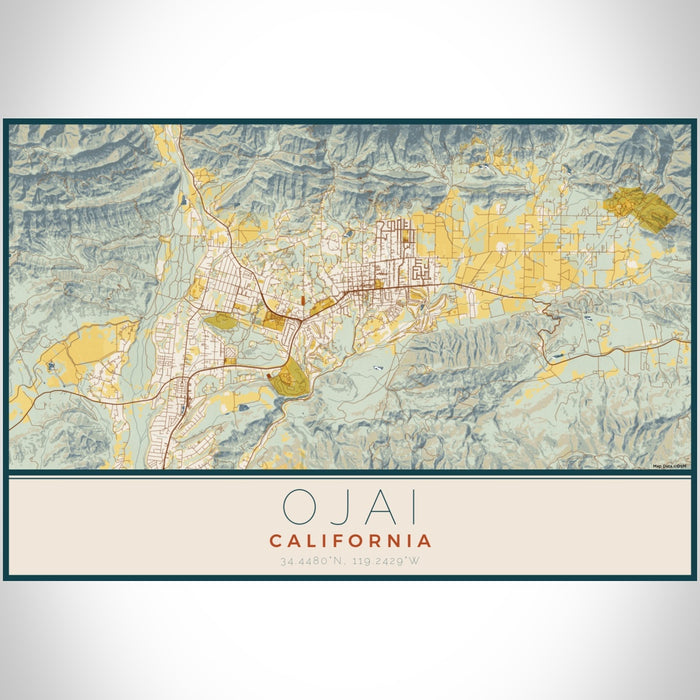 Ojai California Map Print Landscape Orientation in Woodblock Style With Shaded Background