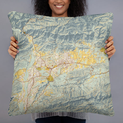 Person holding 22x22 Custom Ojai California Map Throw Pillow in Woodblock
