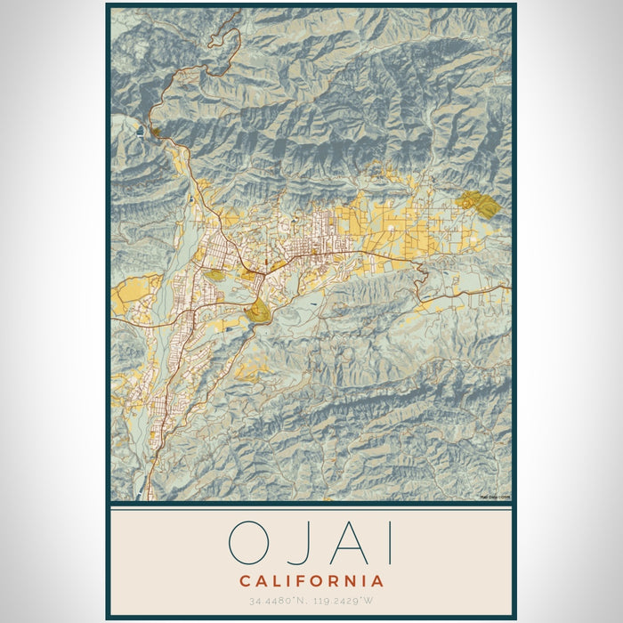 Ojai California Map Print Portrait Orientation in Woodblock Style With Shaded Background