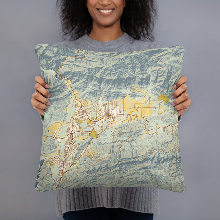 Person holding 18x18 Custom Ojai California Map Throw Pillow in Woodblock
