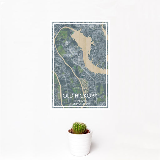 12x18 Old Hickory Tennessee Map Print Portrait Orientation in Afternoon Style With Small Cactus Plant in White Planter