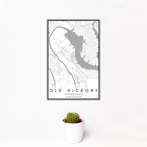 12x18 Old Hickory Tennessee Map Print Portrait Orientation in Classic Style With Small Cactus Plant in White Planter