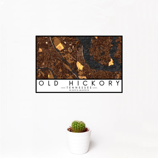 12x18 Old Hickory Tennessee Map Print Landscape Orientation in Ember Style With Small Cactus Plant in White Planter