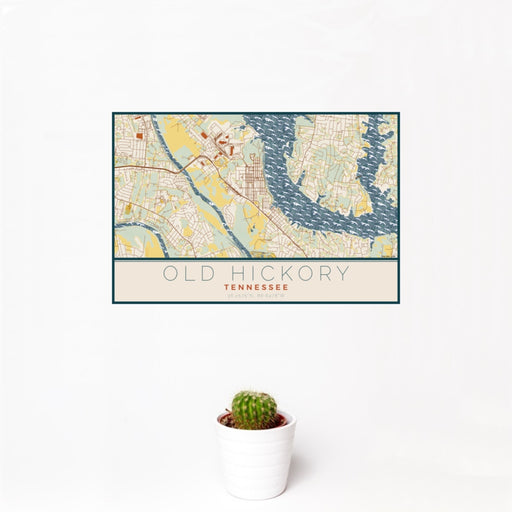 12x18 Old Hickory Tennessee Map Print Landscape Orientation in Woodblock Style With Small Cactus Plant in White Planter