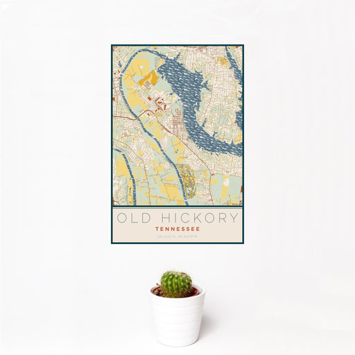 12x18 Old Hickory Tennessee Map Print Portrait Orientation in Woodblock Style With Small Cactus Plant in White Planter