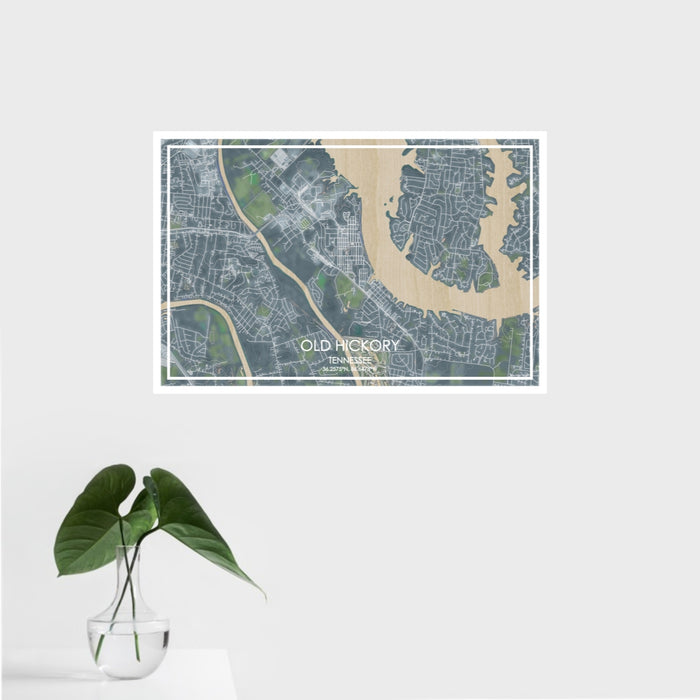 16x24 Old Hickory Tennessee Map Print Landscape Orientation in Afternoon Style With Tropical Plant Leaves in Water