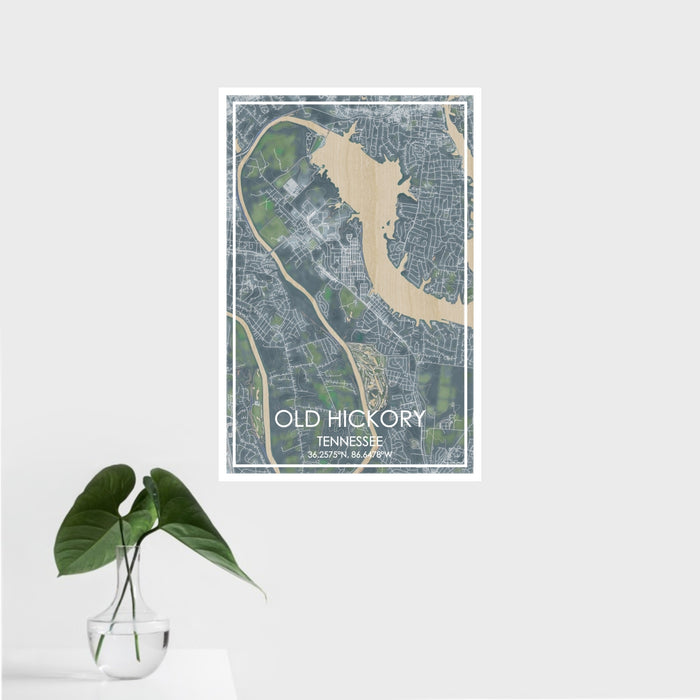 16x24 Old Hickory Tennessee Map Print Portrait Orientation in Afternoon Style With Tropical Plant Leaves in Water