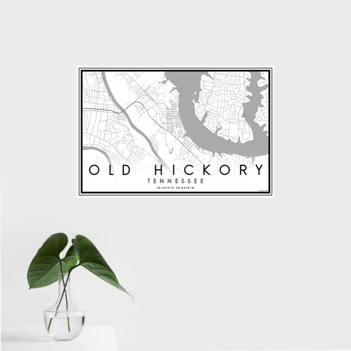 16x24 Old Hickory Tennessee Map Print Landscape Orientation in Classic Style With Tropical Plant Leaves in Water