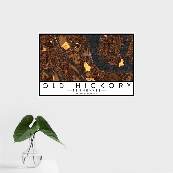 16x24 Old Hickory Tennessee Map Print Landscape Orientation in Ember Style With Tropical Plant Leaves in Water