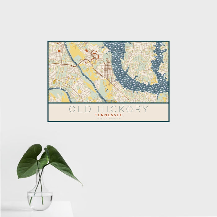 16x24 Old Hickory Tennessee Map Print Landscape Orientation in Woodblock Style With Tropical Plant Leaves in Water
