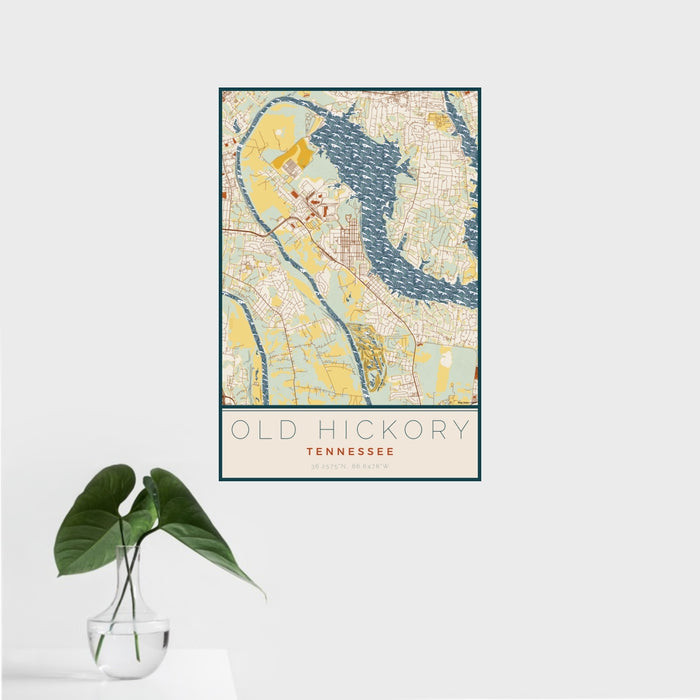 16x24 Old Hickory Tennessee Map Print Portrait Orientation in Woodblock Style With Tropical Plant Leaves in Water