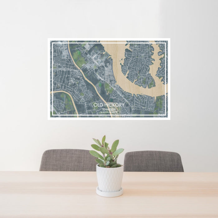 24x36 Old Hickory Tennessee Map Print Lanscape Orientation in Afternoon Style Behind 2 Chairs Table and Potted Plant