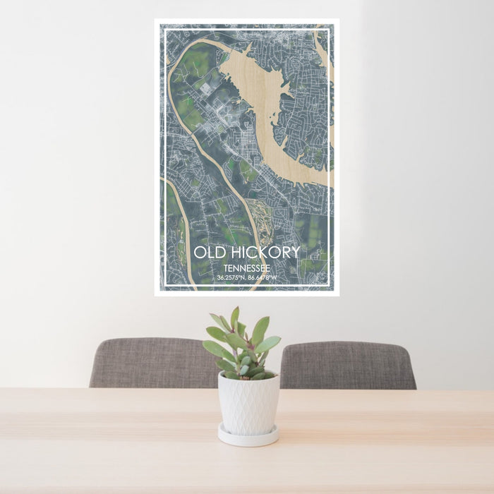 24x36 Old Hickory Tennessee Map Print Portrait Orientation in Afternoon Style Behind 2 Chairs Table and Potted Plant