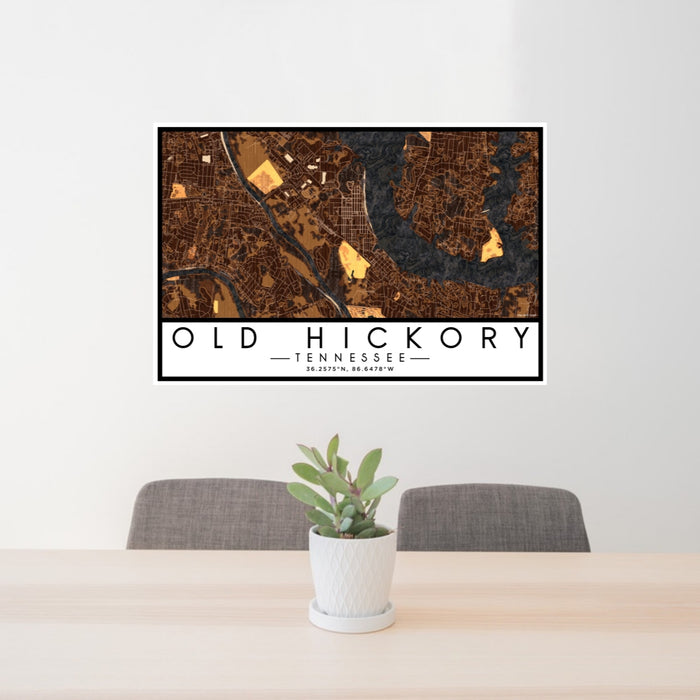 24x36 Old Hickory Tennessee Map Print Lanscape Orientation in Ember Style Behind 2 Chairs Table and Potted Plant