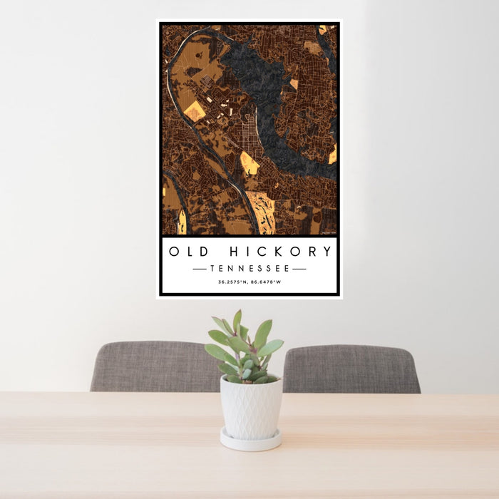 24x36 Old Hickory Tennessee Map Print Portrait Orientation in Ember Style Behind 2 Chairs Table and Potted Plant