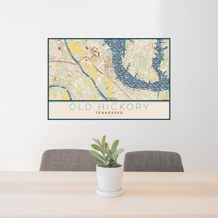 24x36 Old Hickory Tennessee Map Print Lanscape Orientation in Woodblock Style Behind 2 Chairs Table and Potted Plant
