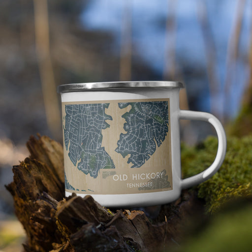 Right View Custom Old Hickory Tennessee Map Enamel Mug in Afternoon on Grass With Trees in Background