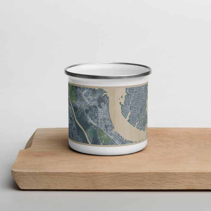 Front View Custom Old Hickory Tennessee Map Enamel Mug in Afternoon on Cutting Board