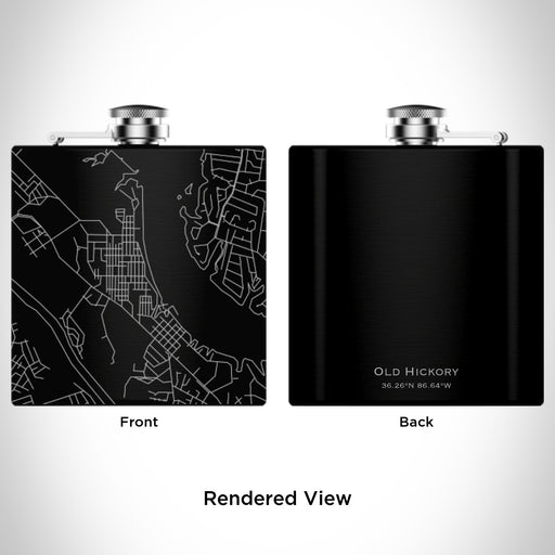 Rendered View of Old Hickory Tennessee Map Engraving on 6oz Stainless Steel Flask in Black