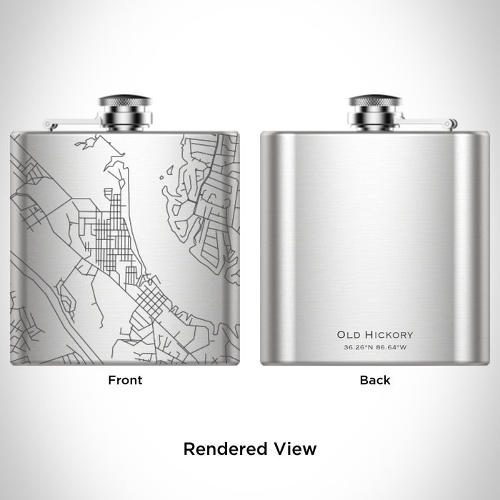 Rendered View of Old Hickory Tennessee Map Engraving on 6oz Stainless Steel Flask