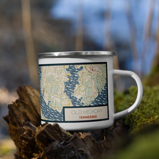 Right View Custom Old Hickory Tennessee Map Enamel Mug in Woodblock on Grass With Trees in Background