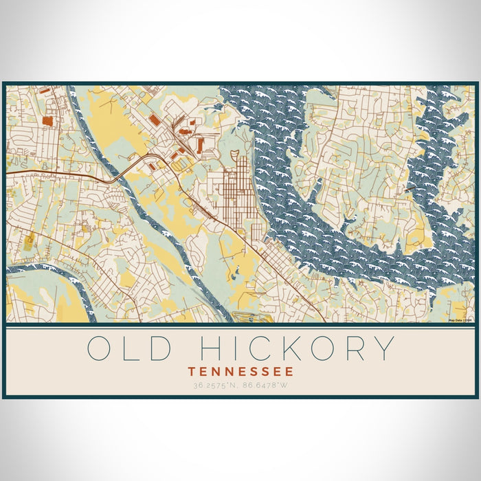 Old Hickory Tennessee Map Print Landscape Orientation in Woodblock Style With Shaded Background