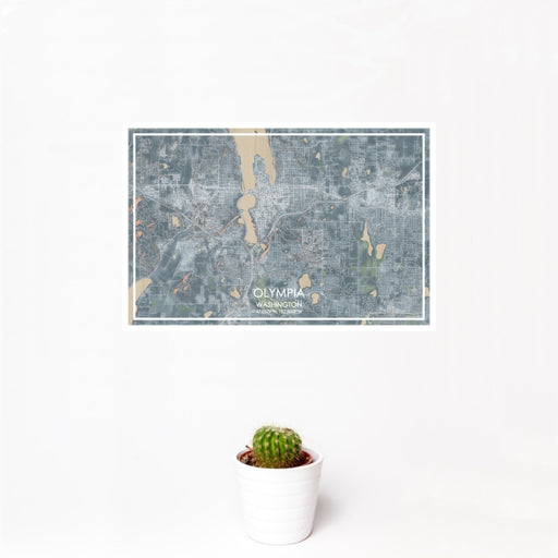 12x18 Olympia Washington Map Print Landscape Orientation in Afternoon Style With Small Cactus Plant in White Planter