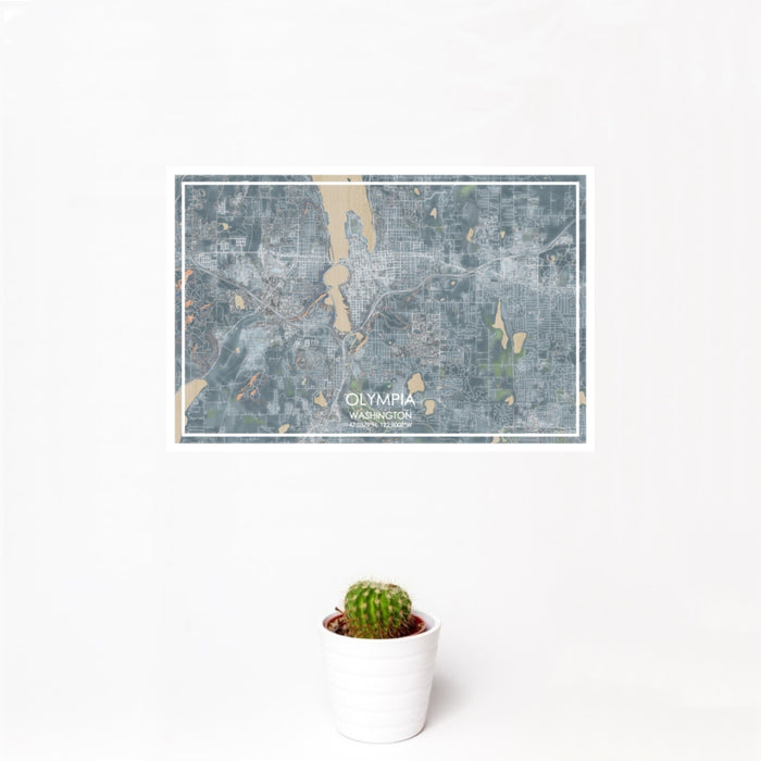 12x18 Olympia Washington Map Print Landscape Orientation in Afternoon Style With Small Cactus Plant in White Planter