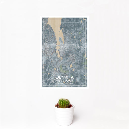 12x18 Olympia Washington Map Print Portrait Orientation in Afternoon Style With Small Cactus Plant in White Planter