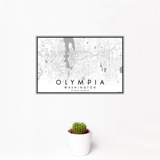 12x18 Olympia Washington Map Print Landscape Orientation in Classic Style With Small Cactus Plant in White Planter