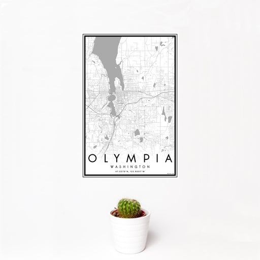 12x18 Olympia Washington Map Print Portrait Orientation in Classic Style With Small Cactus Plant in White Planter