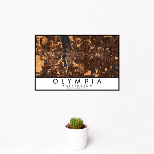 12x18 Olympia Washington Map Print Landscape Orientation in Ember Style With Small Cactus Plant in White Planter