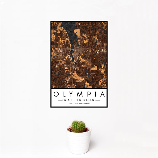 12x18 Olympia Washington Map Print Portrait Orientation in Ember Style With Small Cactus Plant in White Planter