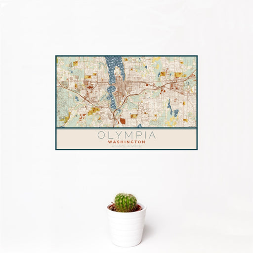 12x18 Olympia Washington Map Print Landscape Orientation in Woodblock Style With Small Cactus Plant in White Planter