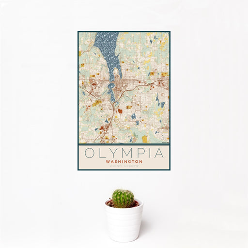 12x18 Olympia Washington Map Print Portrait Orientation in Woodblock Style With Small Cactus Plant in White Planter