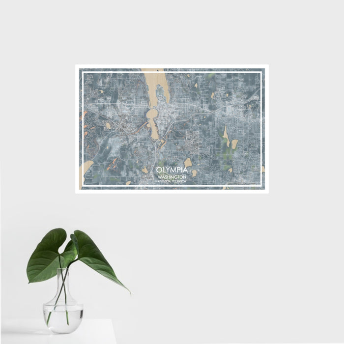 16x24 Olympia Washington Map Print Landscape Orientation in Afternoon Style With Tropical Plant Leaves in Water