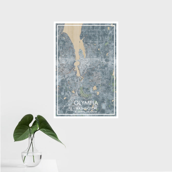 16x24 Olympia Washington Map Print Portrait Orientation in Afternoon Style With Tropical Plant Leaves in Water