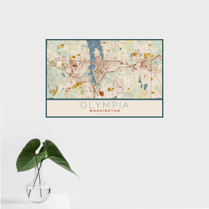 16x24 Olympia Washington Map Print Landscape Orientation in Woodblock Style With Tropical Plant Leaves in Water