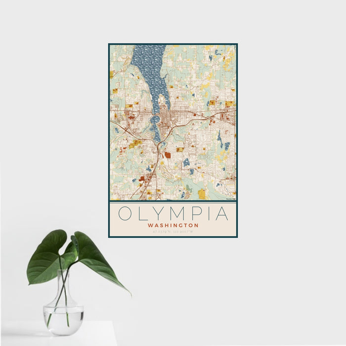 16x24 Olympia Washington Map Print Portrait Orientation in Woodblock Style With Tropical Plant Leaves in Water