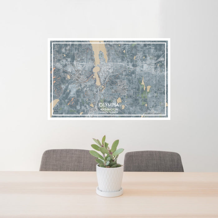 24x36 Olympia Washington Map Print Lanscape Orientation in Afternoon Style Behind 2 Chairs Table and Potted Plant