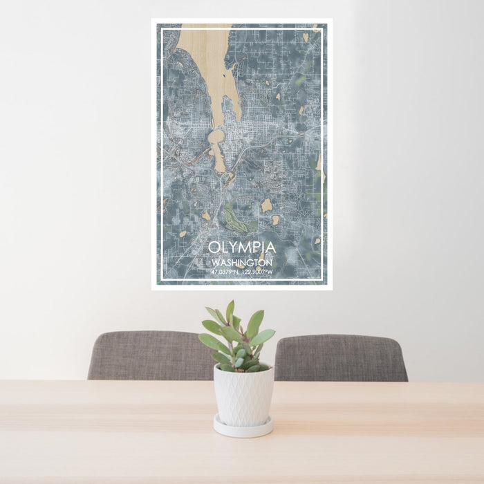 24x36 Olympia Washington Map Print Portrait Orientation in Afternoon Style Behind 2 Chairs Table and Potted Plant