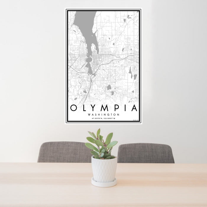 24x36 Olympia Washington Map Print Portrait Orientation in Classic Style Behind 2 Chairs Table and Potted Plant