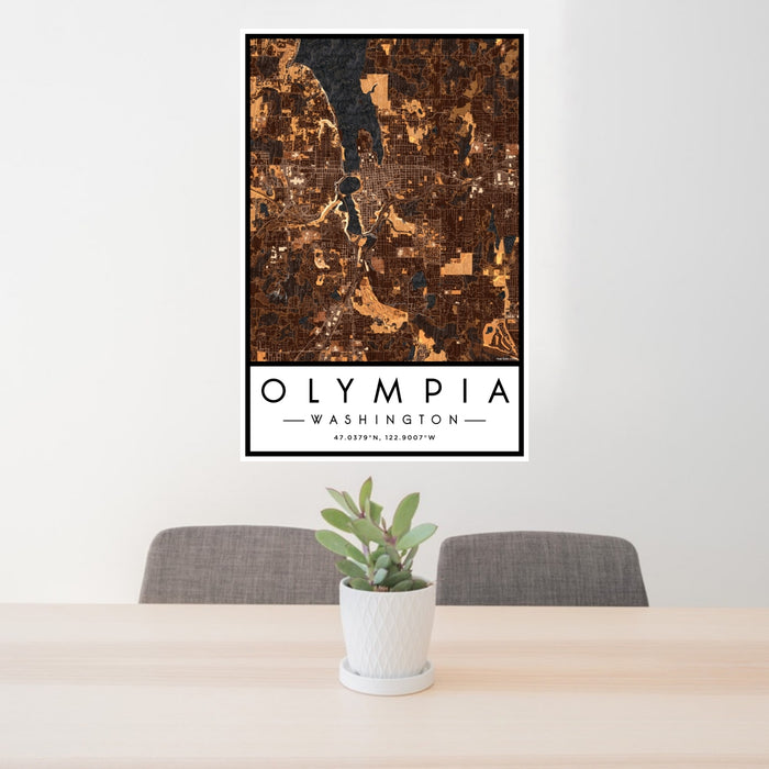 24x36 Olympia Washington Map Print Portrait Orientation in Ember Style Behind 2 Chairs Table and Potted Plant