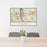 24x36 Olympia Washington Map Print Lanscape Orientation in Woodblock Style Behind 2 Chairs Table and Potted Plant