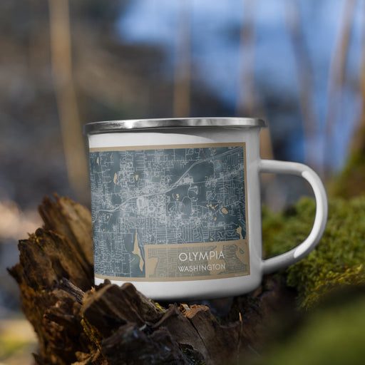 Right View Custom Olympia Washington Map Enamel Mug in Afternoon on Grass With Trees in Background