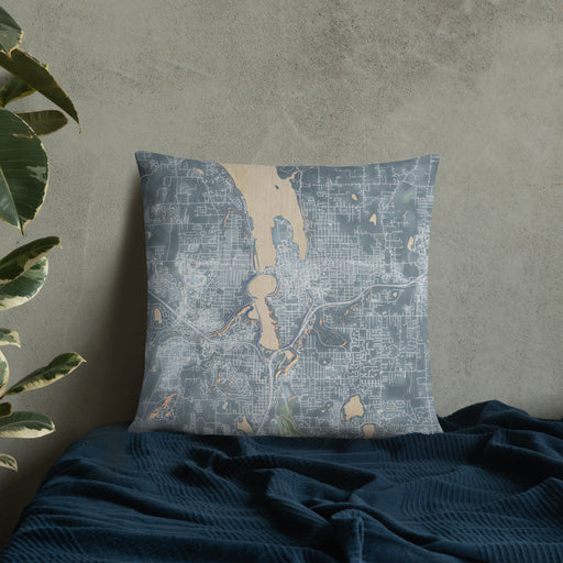 Custom Olympia Washington Map Throw Pillow in Afternoon on Bedding Against Wall