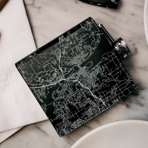 Olympia Washington Custom Engraved City Map Inscription Coordinates on 6oz Stainless Steel Flask in Black