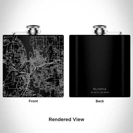 Rendered View of Olympia Washington Map Engraving on 6oz Stainless Steel Flask in Black