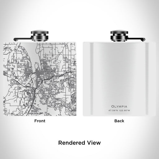 Rendered View of Olympia Washington Map Engraving on 6oz Stainless Steel Flask in White